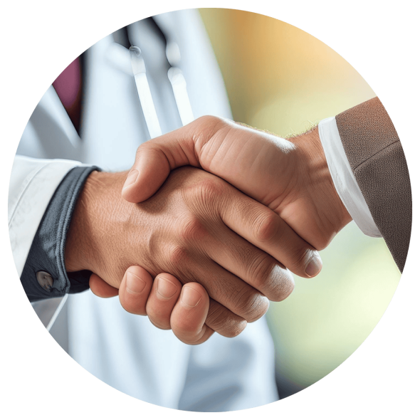 A handshake between a male doctor and a male patient, who is wearing a brown suit.